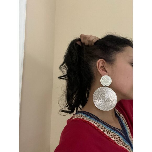 Big Silver earrings disc large metal huge bold statement round circle chunky - Picture 2 of 7